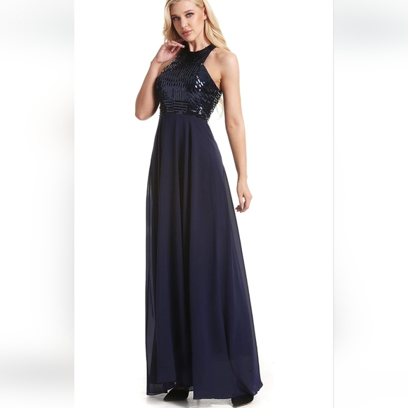 Beauty Kai Navy Sequin Halter Chiffon Empire Waist Maxi Dress S Glam Prom Formal - Picture 1 of 16